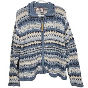 Vintage Tiara International FairIsle Full Zip Sweater Blue Coastal Grandma Y2K L
